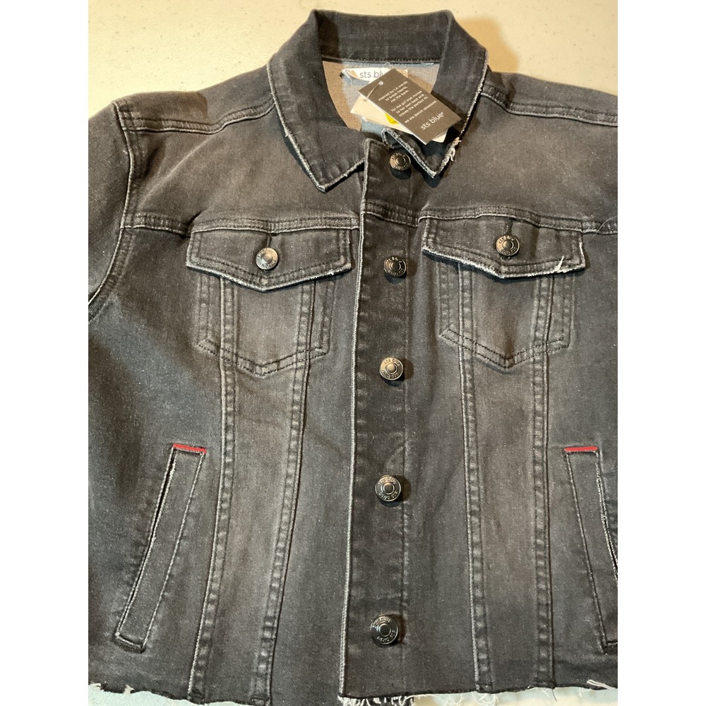 STS Blue Womens Denim Jacket Washed Black Raw Hem‎ Cropped Trucker XS New
